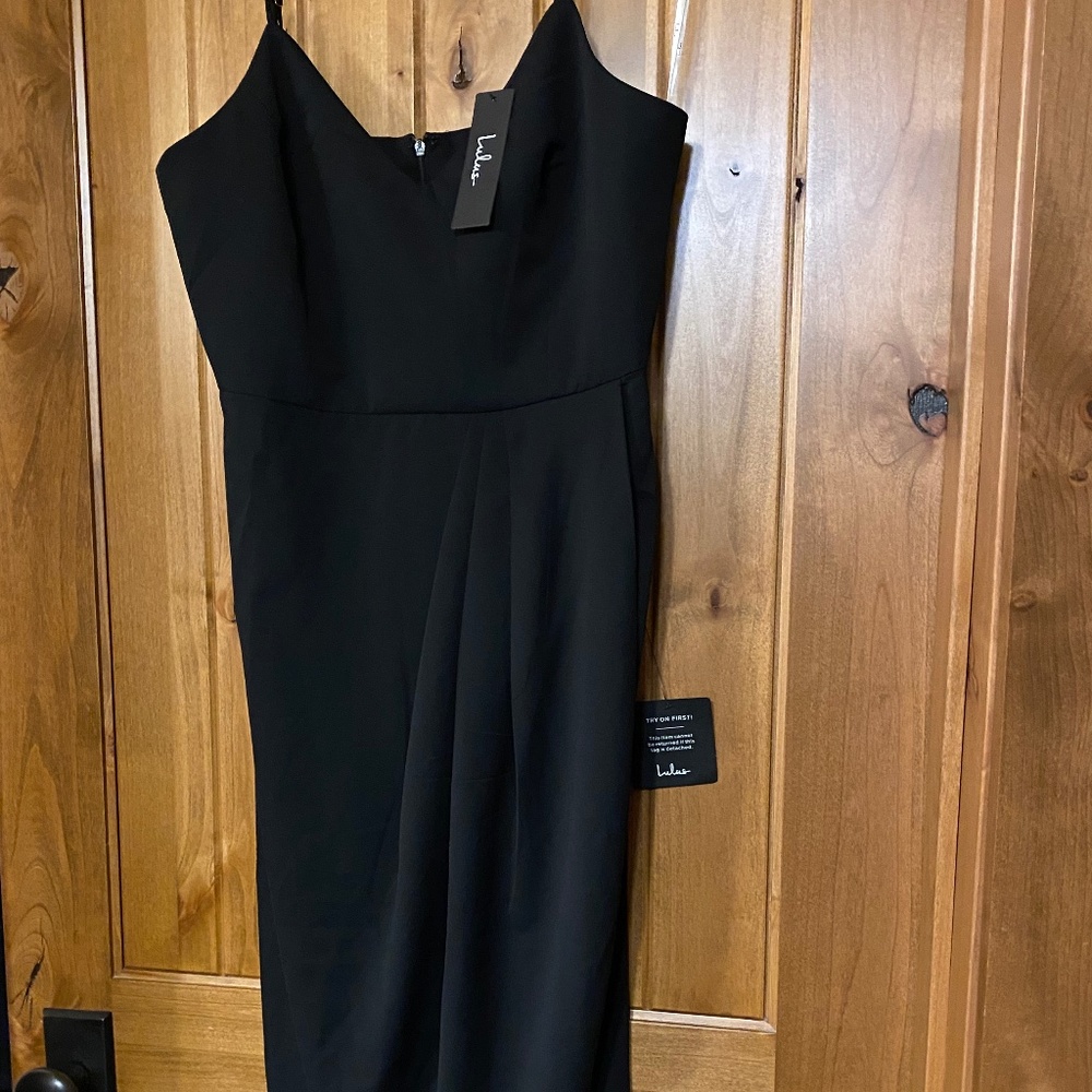 Lulu's Black Midi Cocktail Dress Size L Wrap front